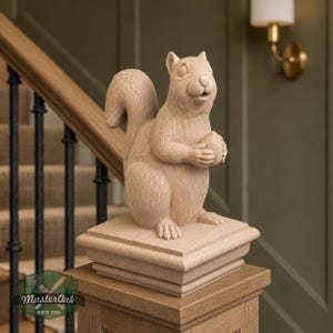 Squirrel Wooden Finial, Staircase Newel Post Topper, Wood Statue