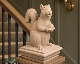 Squirrel Wooden Finial, Staircase Newel Post Topper, Wood Statue