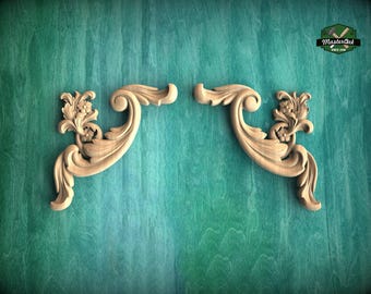 Flower hardwood corner Onlays, Set of 2pc, decorative wood, Classical-style hardwood acanthus cabinet onlays