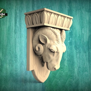 Ram Corbel made of wood, Unpainted, Ram bust Decorative Carved Wooden Corbel, Home Wall Embellishments