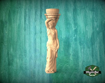 Carved Wooden Caryatid Pilaster, Unpainted Woman Figure, 1pc