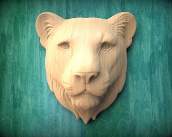 Tallado personalizado en madera de fresno: Cabeza de leona para decoración de silla (20 x 21 cm)