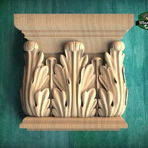 Whispers of the Grove: Carved Capital for Pilaster, 1pc, Unpainted, Carved Wooden Capitals, Carved capital decor wood
