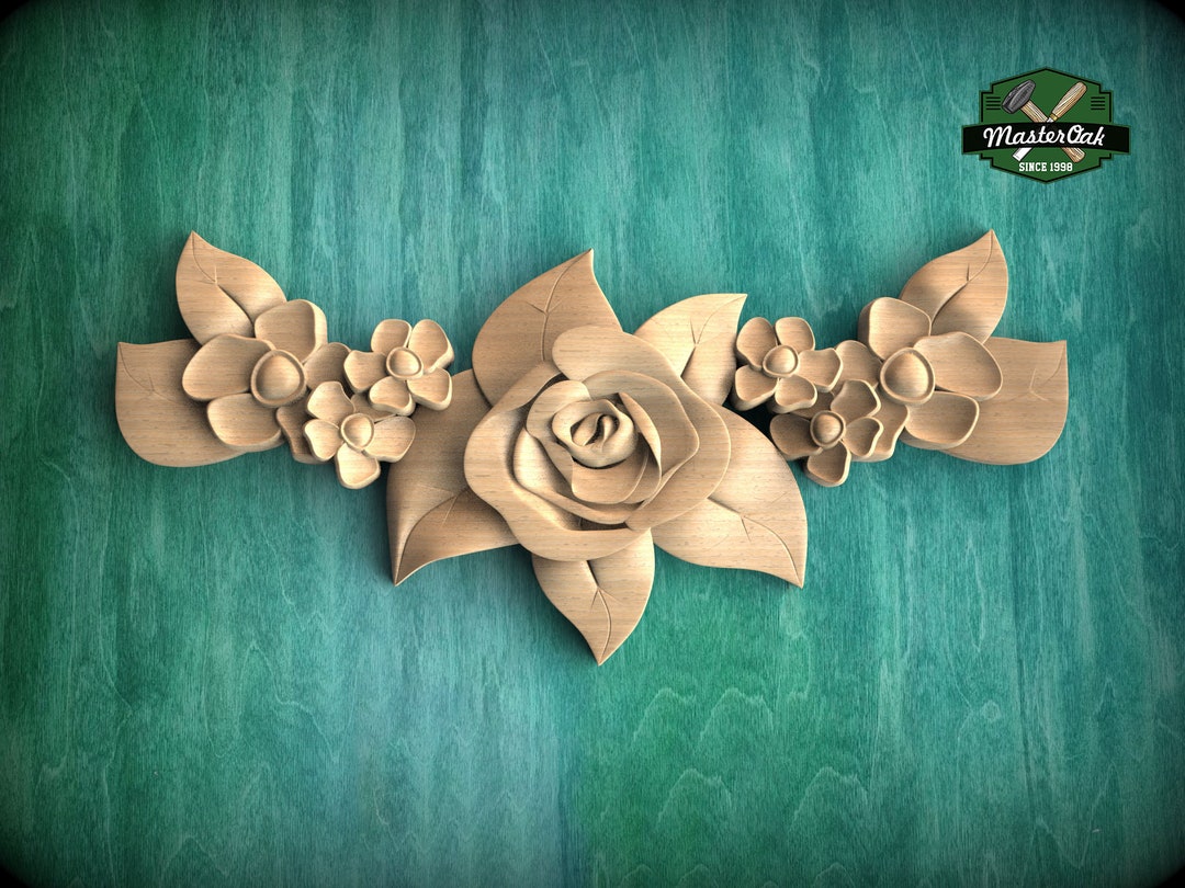 Floral Wooden Carving Applique for Rustic Home Decor, Decorative Wood