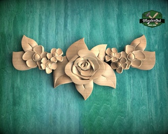 Floral Wooden Carving Applique for Rustic Home Decor, decorative wood trim