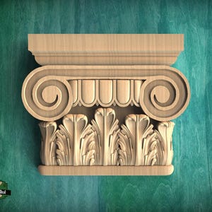 Houten kapiteel in neoklassieke stijl met acanthusbladeren, gesneden houten kapiteel, 1 stuk, ongeverfd