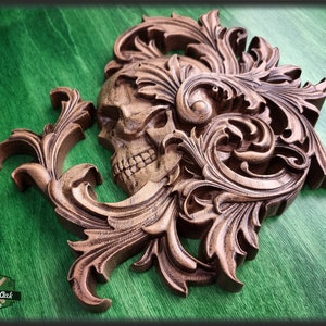 Skull in leaves carved panel made of wood, wood wall art, carved skull of wood, gift for him, Santa Muerte, Dark Art