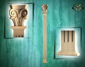 Elegant Wooden Single Corinthian Pilaster , wood pilaster, 1pc, Unpainted, Carved Wood Trim Post Pillars, Flat Back Columns