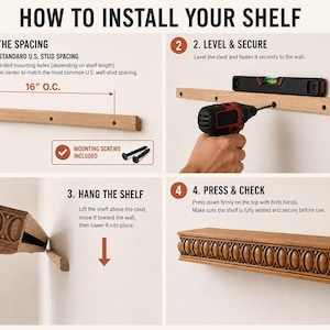 Pu&ograve; includere: Un grafico di istruzioni in quattro passaggi intitolato HOW TO INSTALL YOUR SHELF. Mostra un listello in legno con fori di montaggio distanziati di 40,64 cm, un trapano e una livella, il montaggio della mensola e il risultato finale.
