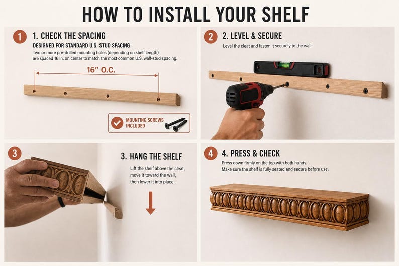 Pu&ograve; includere: Un grafico di istruzioni in quattro passaggi intitolato HOW TO INSTALL YOUR SHELF. Mostra un listello in legno con fori di montaggio distanziati di 40,64 cm, un trapano e una livella, il montaggio della mensola e il risultato finale.