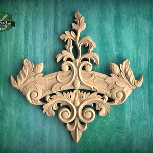 Baroque Style Symmetrical Wooden Onlay – Acanthus & Floral Design, 1 pc, Unpainted, Elegant Furnishing Accent, Flower Wood Onlay