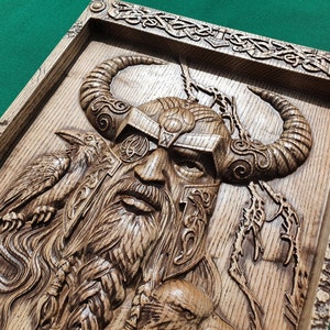 God ODIN with helmet , Scandinavian God,  Celtic wood carving, Viking carving, wooden carving
