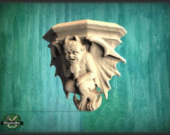 Teufels-Wasserspeier aus Holz, geschnitzter gotischer Kragstein-Wasserspeier, Kaminfigur, viktorianischer Teufels-Wandbehang