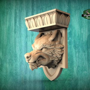 Soporte de estante con cabeza de lobo enojado: soporte de madera con forma de lobo tallado con precisión, un majestuoso adorno de pared con forma de lobo para interiores rústicos.