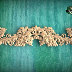 Harvest Symphony Wooden Carving, Grapes & Acanthus Ornament, 1pc, Unpainted, Carved Wood Applique for Fireplace Mantel