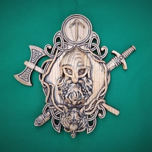 Thor figurine with hummer, sword and wolf , Pagan altar, Norse mythology, Celtic wood carving, Viking decor Wood sculpture