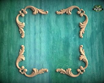 Classical-style hardwood acanthus cabinet onlays, Set of 4pc, decorative wood trim