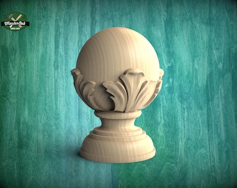 Remate redondo de madera con talla de acanto para poste de escalera