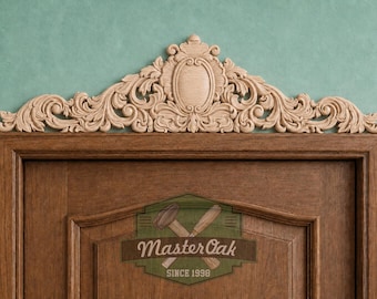 Carved Regal Crest Wooden Applique, Baroque Scrollwork Elegance, 1pc, Home Wall Embellishments, Furniture Carving, Horizontal Wood Onlay