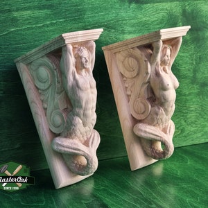Mermaid and Merman corbels of wood, Unpainted, Decorative Carved Wooden Corbel, 1 pair, Home Wall Embellishments, marine theme decor