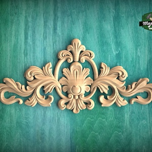 Decorative Onlay with Fleuron, Wood Carving, Unpainted, 1pc, Home Wall Embellishments, Furniture Carving, Ornamental Woodwork