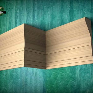 May include: A light-colored wooden crown molding piece featuring a stepped, angular profile with multiple horizontal ridges and a smooth finish. The logo in the top left corner displays the text Master Oak Since 1990 with a hammer icon.