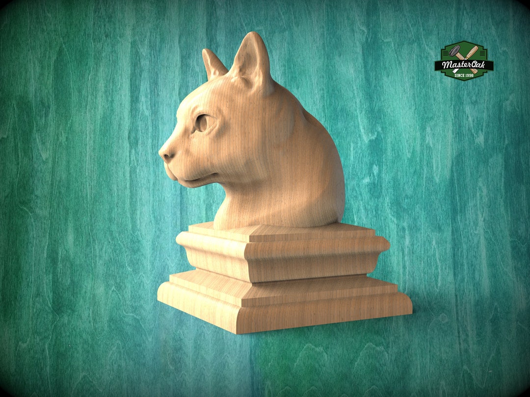 Cat Bust Made of Wood, Cat Wooden Finial for Staircase Newel Post, Cat