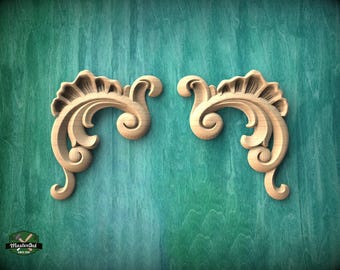 Pair of Decorative wood Baroque corners applique, Set of 2pc, decorative wood trim