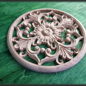 Ornate Carved Wood Medallion For Cabinets, 1 piece, Home Wall Embellishments, wood onlays, wood wall art decor