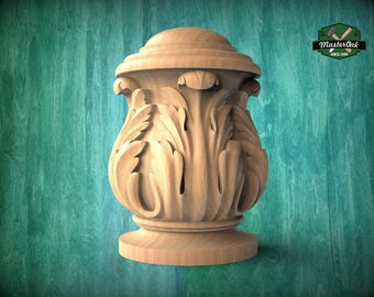 Decorative Wooden Newel Cap With Acanthus Leaves from solid wood, Staircase Newel Post Cap, Bed finials
