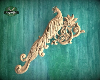 Peacock in Bloom Wood Carving – Elegant Corner Decor Element, 1 pc, Unpainted, Home Wall Embellishments, Furniture Carving, Wood Onlays