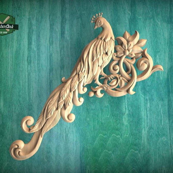 Peacock in Bloom Wood Carving – Elegant Corner Decor Element, 1 pc, Unpainted, Home Wall Embellishments, Furniture Carving, Wood Onlays