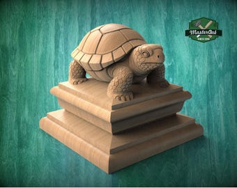 Remate de poste de barandilla con forma de tortuga tallada - Detalle decorativo para escalera de madera