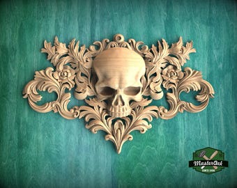 Custom Wood Carving Set for Fireplace: Skulls & Bat Centerpiece, Finger-Jointed Wood