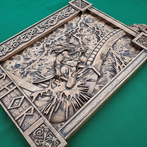 Thor statue, Ragnarok,  Mjollnir, norse gods, wood carving altar heathen asatru viking god and goddes sculpture wooden scandinavian pantheon