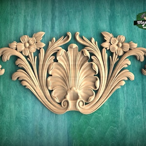 Symmetrical Shell and Floral Wood Carving Onlay, 1 pc, Unpainted, decorative wood trim