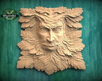 Gesneden houten wandplaquette Green Man – Gezichtsdecor uit mythisch bos