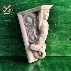 Corbel Merman of wood, Unpainted, Decorative Carved Wooden Corbel, 1pc, Home Wall Embellishments, wood onlays, wood wall art decor