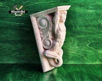 Corbel Merman of wood, Unpainted, Decorative Carved Wooden Corbel, 1pc, Home Wall Embellishments, wood onlays, wood wall art decor