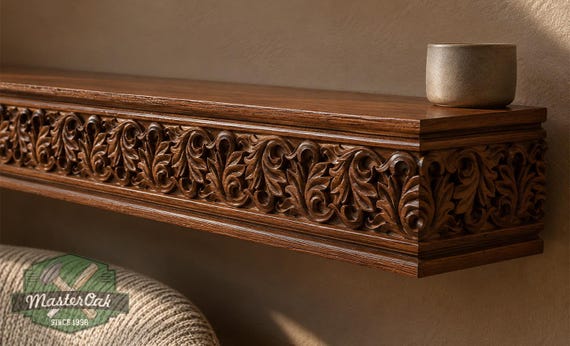 Carved Solid Oak Fireplace Mantel Shelf with Acanthus Leaves, Ornate Floating Wall Shelf, Classical Wood Home Decor