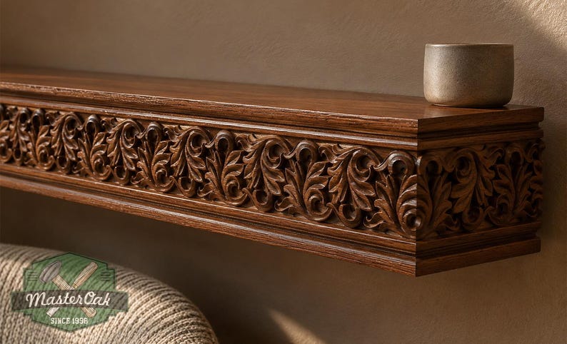 Pu&ograve; includere: Una mensola galleggiante in legno marrone scuro con un intricato motivo a foglie intagliato lungo il bordo anteriore. Una piccola ciotola in ceramica di colore chiaro &egrave; appoggiata sulla superficie superiore. La mensola mostra il logo MasterOak Since 1998.