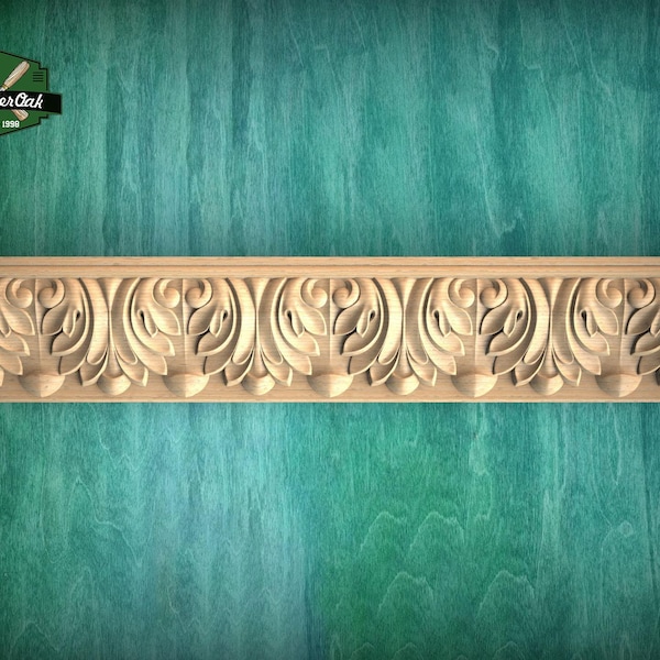 Moldura rítmica con follaje opulento - Detalle de madera sofisticado, 1 pieza, sin pintar, talla baguette.