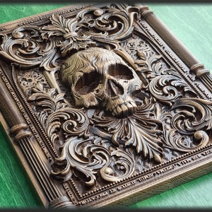 Skull carved panel made of wood, wood wall art, carved skull of wood, wall decor carving, Santa Muerte, Dark Art