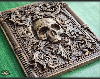 Skull carved panel made of wood, wood wall art, carved skull of wood, wall decor carving, Santa Muerte, Dark Art