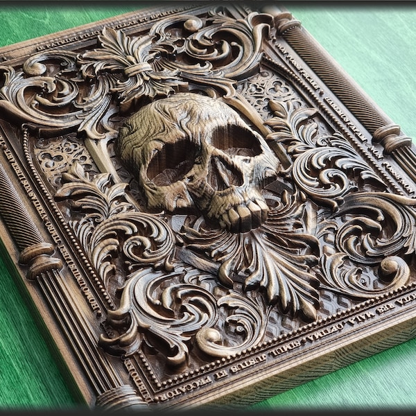 Skull carved panel made of wood, wood wall art, carved skull of wood, wall decor carving, Santa Muerte, Dark Art