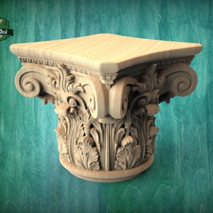 Acanthus Whorl Round Wooden Capital, 1 pc, Unpainted, Decorative Carved Wooden Capital, wood onlays, wood wall art decor