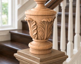 Unpainted Hardwood Finial with Acanthus Leaves, Newel Post Cap