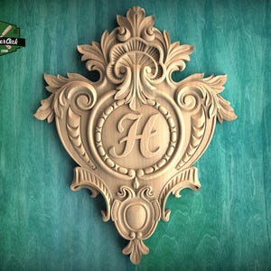Personalized  Shield Wooden Onlay – Victorian Floral Wood Carving, 1 pc, Unpainted, Home Wall Embellishments, Carved Wood Applique
