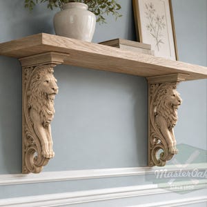 Soportes de esquina con diseño de león, 2 unidades (par), soportes de madera con acabado a mano / Soporte para estantes y vigas