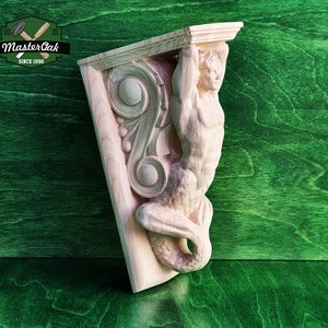 Corbel Merman of wood, Unpainted, Decorative Carved Wooden Corbel, 1pc, Home Wall Embellishments, wood onlays, wood wall art decor
